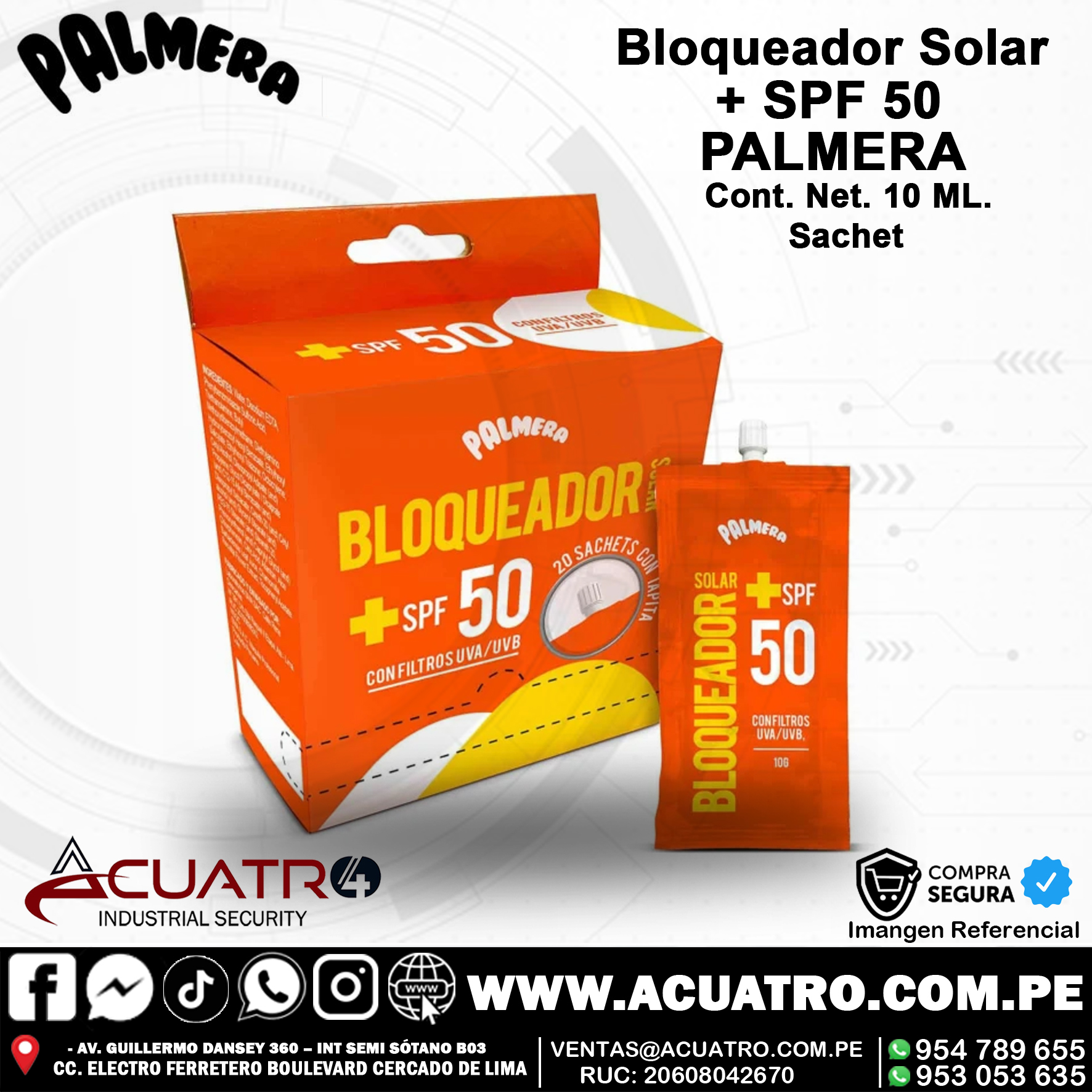 bloqueador PALMERA SACHET 10ML BLOQUEADOR SOLAR FACTOR 50 SPF DE 10 GR PRESENTACIÓN EN SACHET CON TAPITA MARCA PALMERA - Image 1