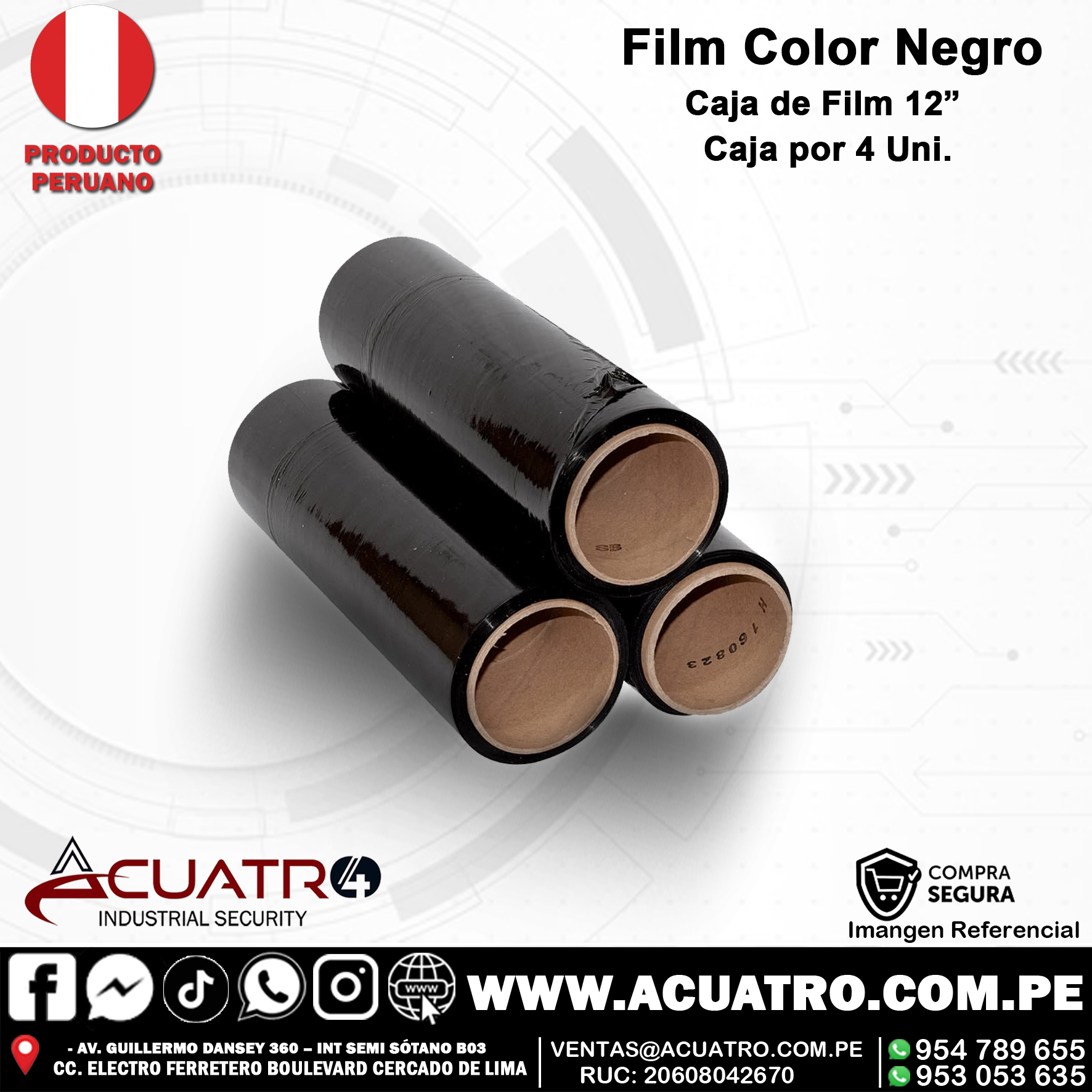 film negro 12pulgadas STRETCH FILM DE COLOR NEGRO DE 12 PULGADAS CAJA POR 4 UNIDADES PESO APROXIMADO 700 GR POR 200 MTS - Imagen 1