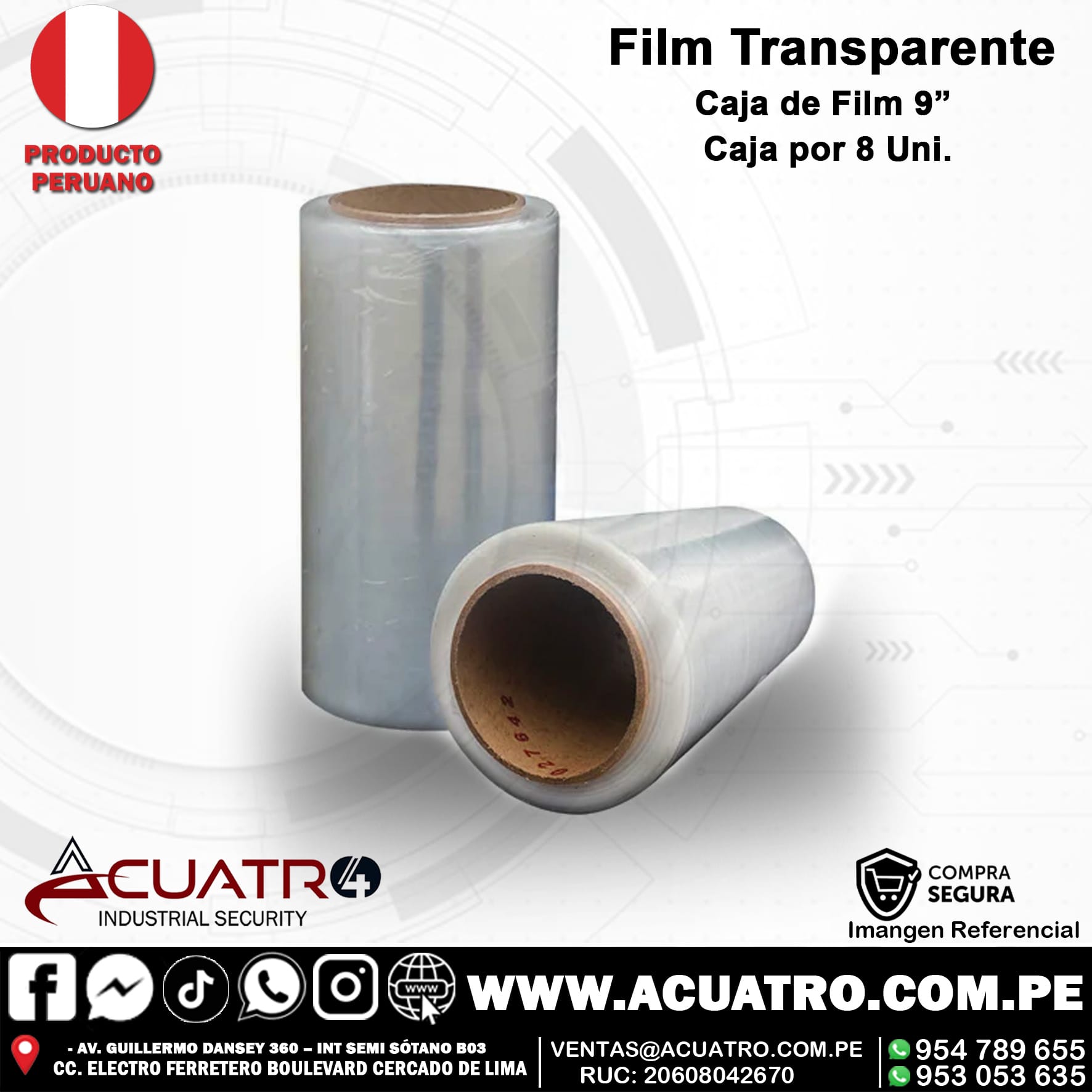 film transparente 9Pulgadas STRETCH FILM DE COLOR CRISTALINO DE 9" PULGADAS DE 20 MICRAS CAJA POR 8 UNIDADES PESO APROXIMADO 500 GR POR 100 MTS - Imagen 1