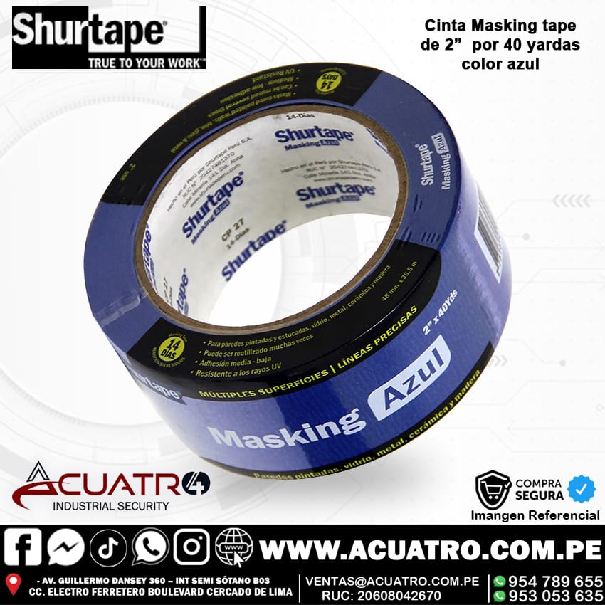 cinta azul 1111 CINTA MASKING TAPE COLOR AZUL EN LA MARCA SHURTAPE DE 2" POR 40 YDS - Imagen 1