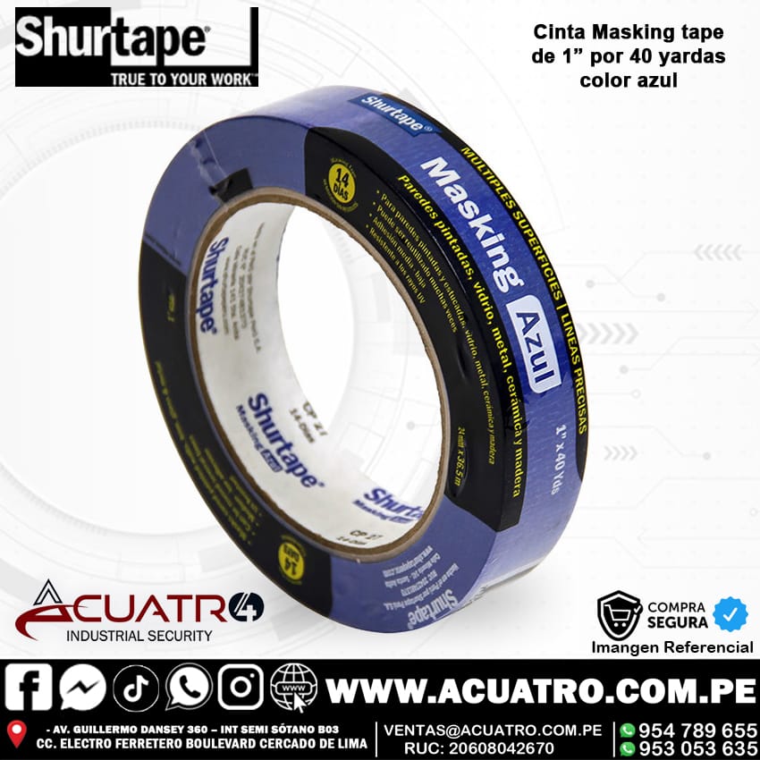 cinta de 1 pulg azul CINTA MASKING TAPE COLOR AZUL EN LA MARCA SHURTAPE DE 1" PULG POR 40 YDS - Imagen 1