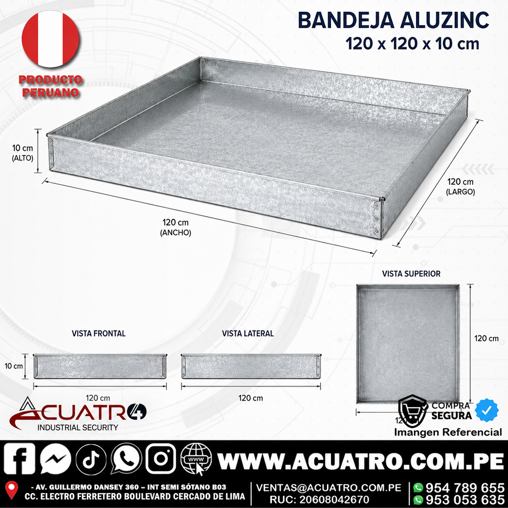 183 BANDEJA ANTIDERRAME DE ALUZINC MEDIDAS DE 120CM X 120CM X 10CM ( ESPESOR DE 0.3MM ) - Imagen 1