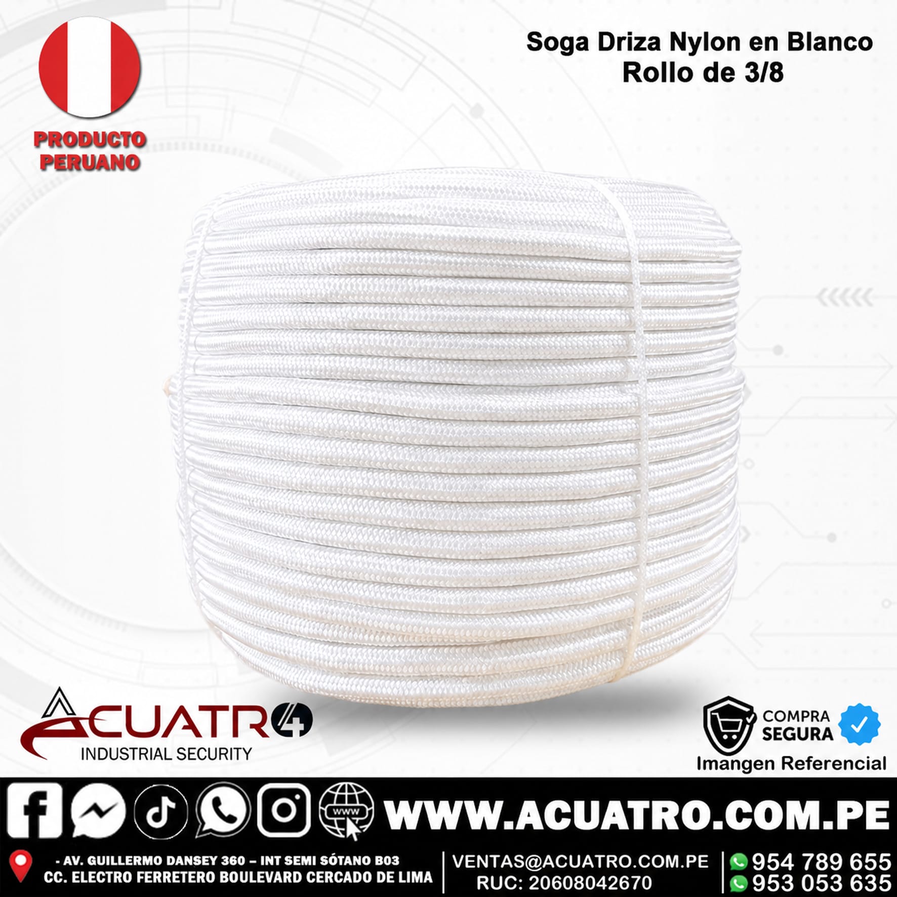 261 ROLLO DE SOGA DRIZA NYLON EN COLOR BLANCO POR 200 METROS DE 3/8" PULG PESO APROXIMADO 10 KG - Imagen 1