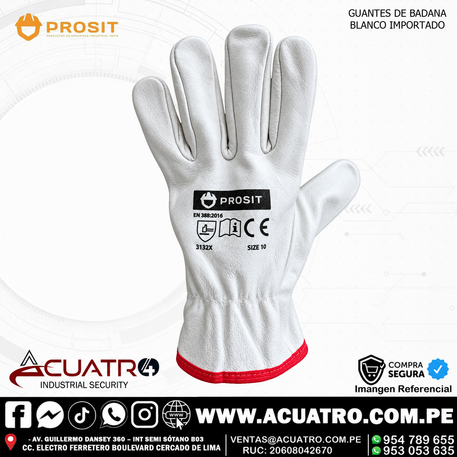 GUANTES DE BADANA BLANCO IMPORTADO PROSIT T/10