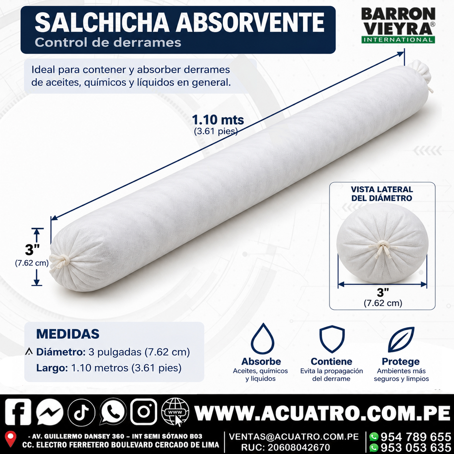 SALCHICHA ABSORVENTE DE 3" POR 1.10 MTS ( 3.61 PIES ) EN LA MARCA BARRON VIEYRA