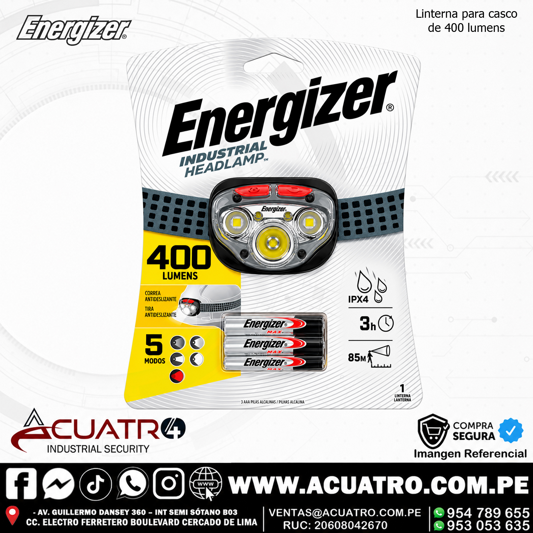 524 LINTERNA FRONTAL PARA CASCO EN LA MARCA ENERGIZER DE 400 LUMENS ( INCLUYE BATERIA ) - Imagen 1